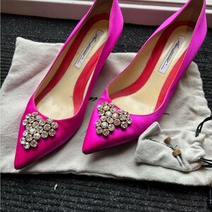 Brian Atwood Fuchsia Satin Heels with Crystal Accents